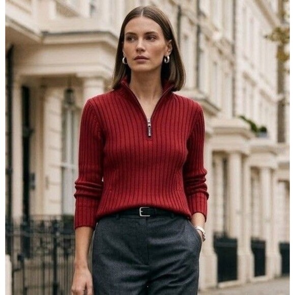 Ralph Lauren Sweaters - Lauren Ralph Lauren Red Ribbed Knit Quarter Zip Sweater Womens S 100% Cotton